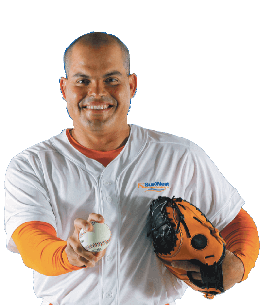 Ivan Rodriguez posing with a baseball globe and ball.
